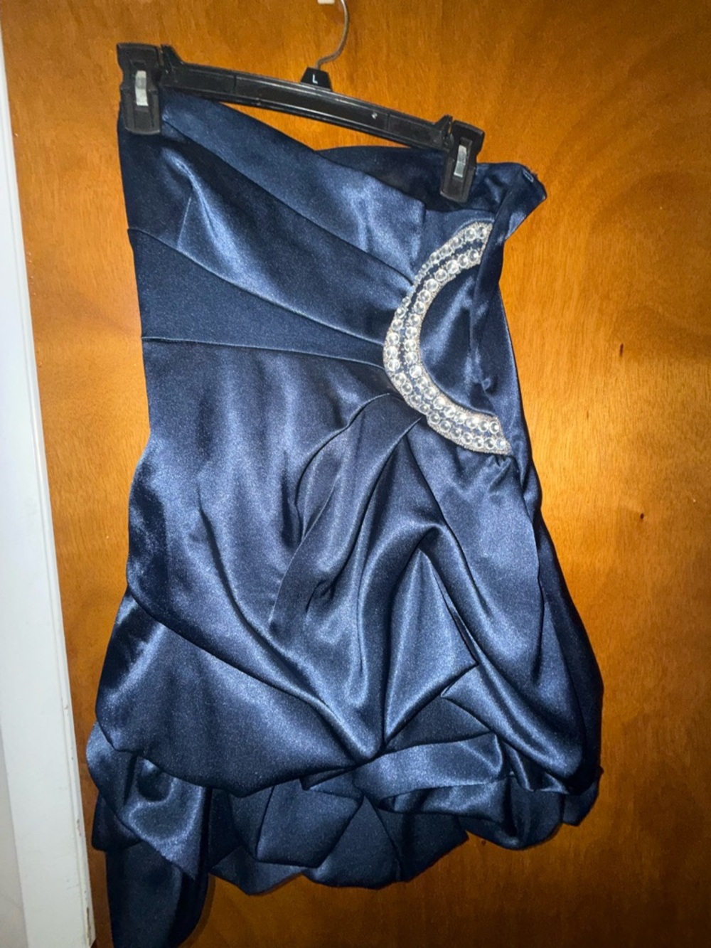 Teeze Me Navy Satin Strapless Dress with Side Crystal Accent